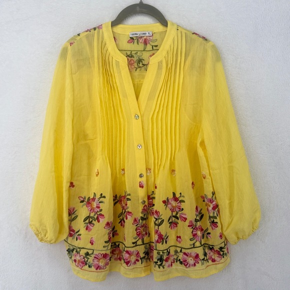 figueroa & flower Tops - Figueroa & Flower Embroidered Blouse Womens PL Yellow Floral Pintuck Peasant Top